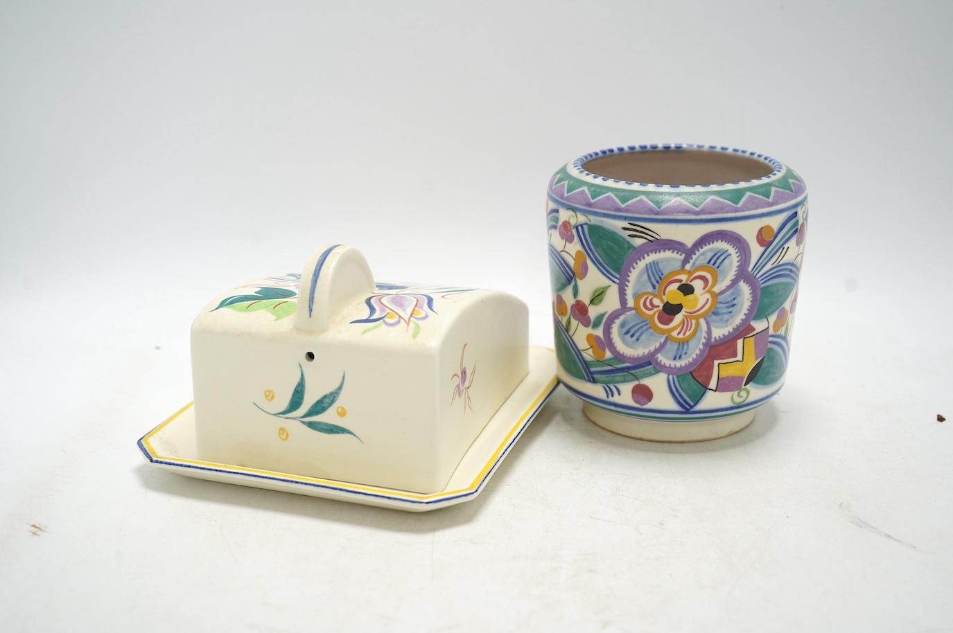 An early Poole pottery vase and a cheese dish and cover, vase 12cm tall. Condition - fair to good